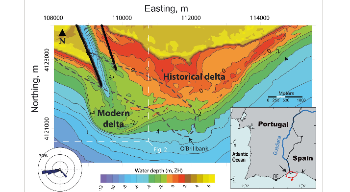 A method to estimate the longshore sediment transport at ebb‐tidal deltas based on their volumetric growth: Application to the Guadiana (Spain–Portugal border)