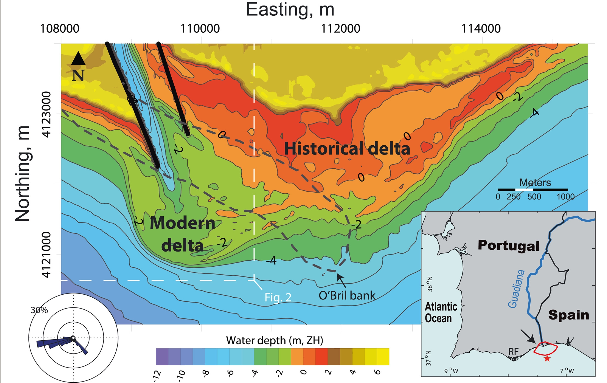 A method to estimate the longshore sediment transport at ebb‐tidal deltas based on their volumetric growth: Application to the Guadiana (Spain–Portugal border)